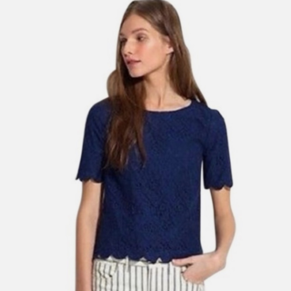 Madewell Navy Blue Lace Short Sleeve Blouse Top Scalloped Hem Size Small